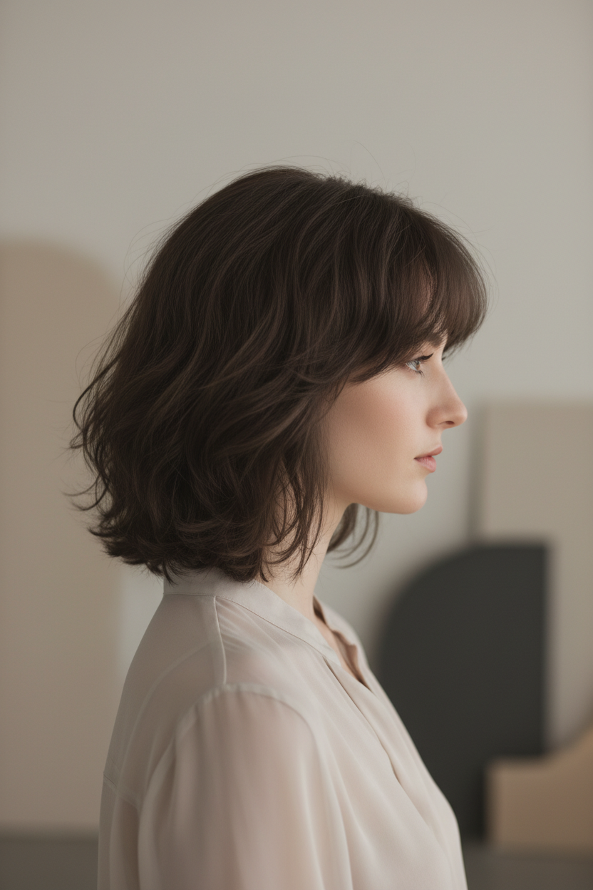📷 Image 2: The Dimensional Brunette Side profile angle, model in a sheer organza blouse, rich mocha brown collarbone hair, blurred minimalist studio background.