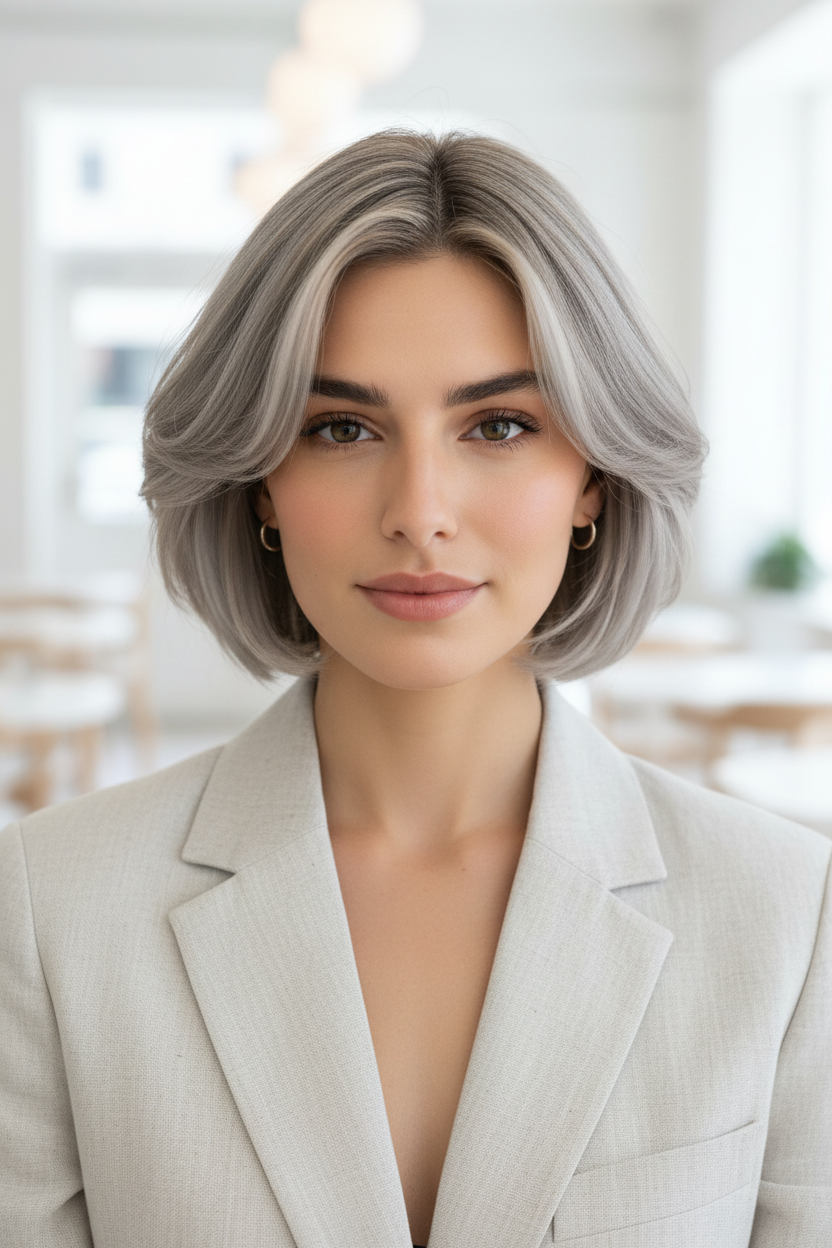 📷 Image 3: The Face-Framing Magic Straight-on view, model in a light linen blazer, ash blonde layered collarbone cut, soft white aesthetic cafe background.