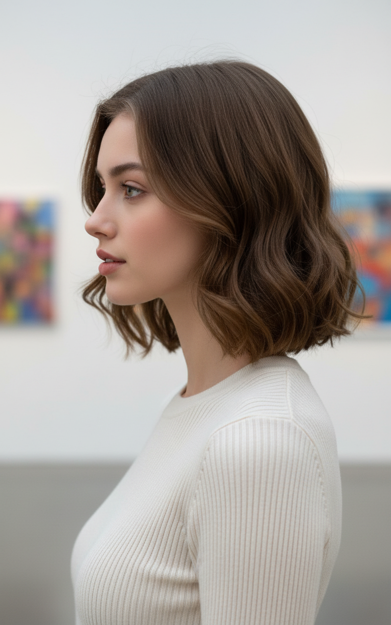 📷 Image 9: Low-Maintenance Elegance Looking away profile, model in ribbed spring knitwear, cool mushroom brown layered lob, out-of-focus art gallery background.