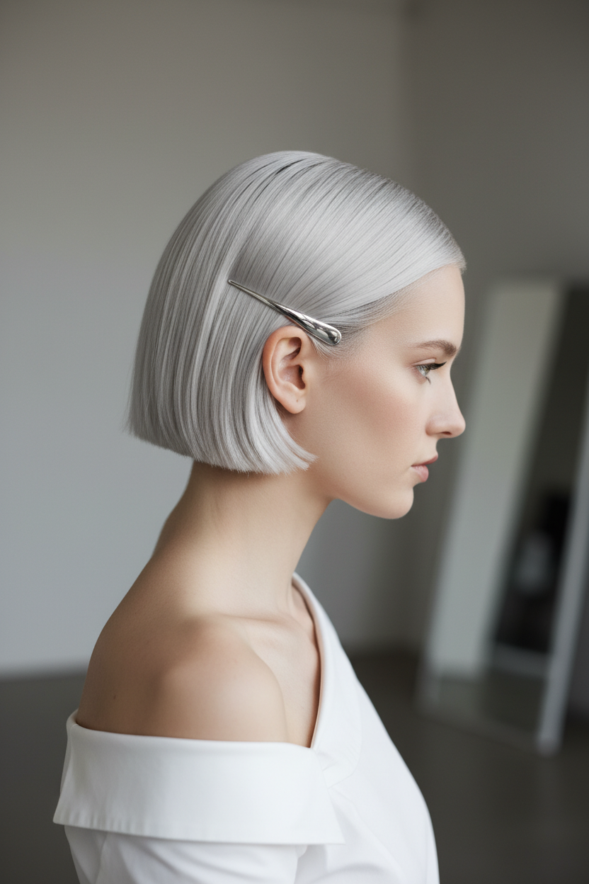 Close-up side profile, model in a crisp white asymmetric poplin off-shoulder top, sleek platinum blonde micro bob, adorned with a liquid silver metal hair cuff tucked behind the ear, blurred minimalist studio background.
