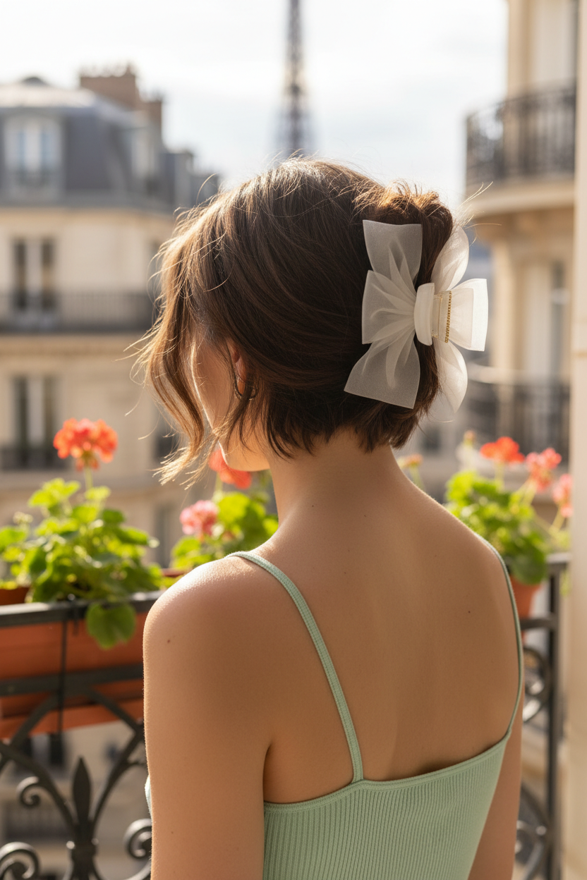 Over-the-shoulder shot, model wearing a pastel mint ribbed knit camisole, tousled chocolate brown pixie cut, accented with an oversized sheer white organza bow clip, sunlit Parisian balcony background.