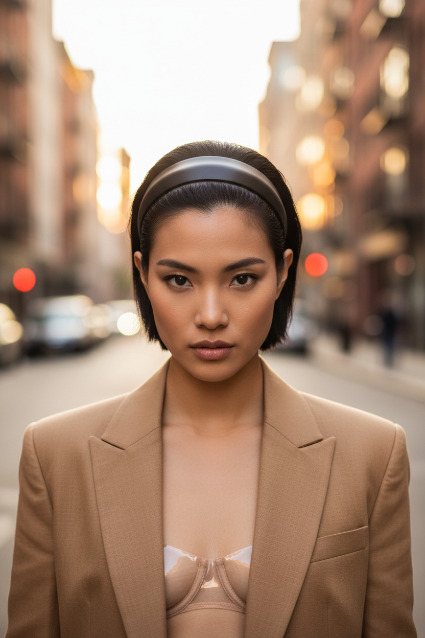 Straight-on portrait, model in a tailored camel linen blazer over a sheer bralette, slicked-back jet black bixie cut held by a wide matte black leather headband, warm golden hour city street background.