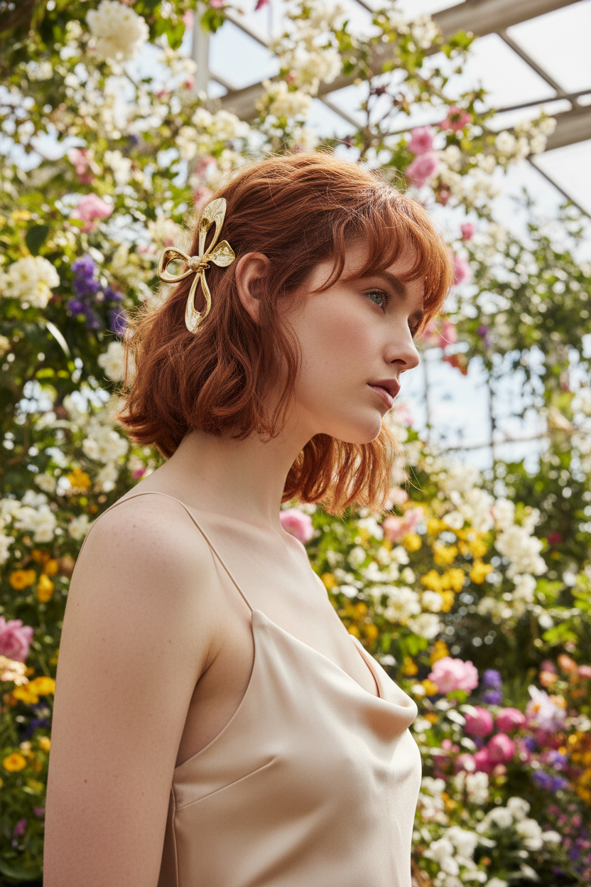Low-angle three-quarter view, model wearing a champagne silk slip dress, wavy copper red short shag, holding back layers with a metallic gold sculptural 3D orchid hair clip, blooming spring greenhouse background.