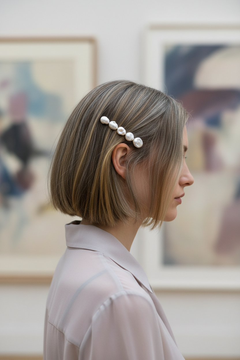 Dynamic side view, model in a dusty rose sheer tulle blouse, soft ash blonde textured French bob, adorned with an asymmetric cluster of irregular baroque pearl bobby pins above the ear, abstract muted pastel art gallery background.