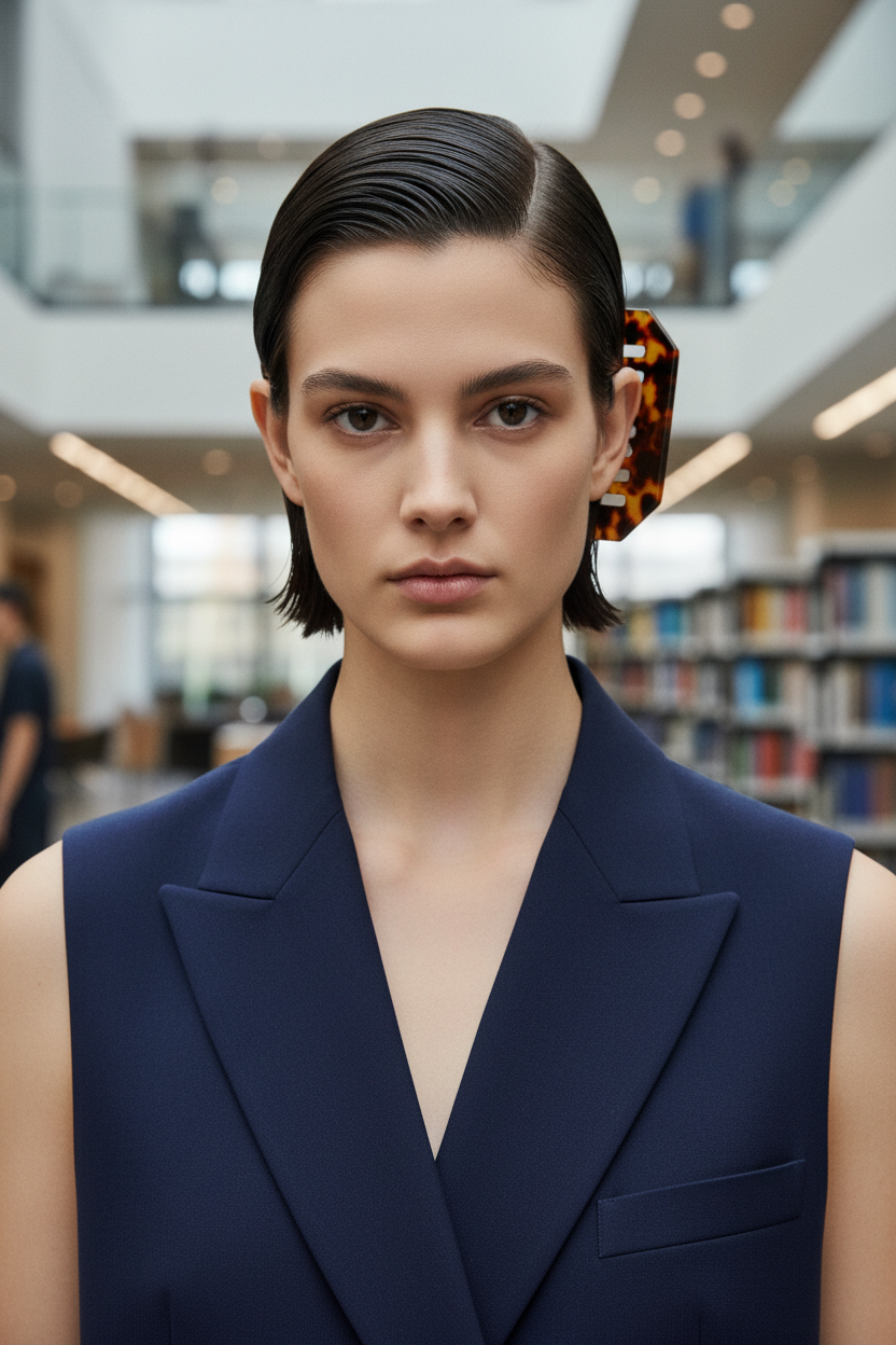 Close-up eye-level shot, model wearing a sharp navy blue lightweight wool vest, wet-look espresso brown slicked pixie, styled with an oversized geometric tortoiseshell side comb, modern library with soft natural light background.