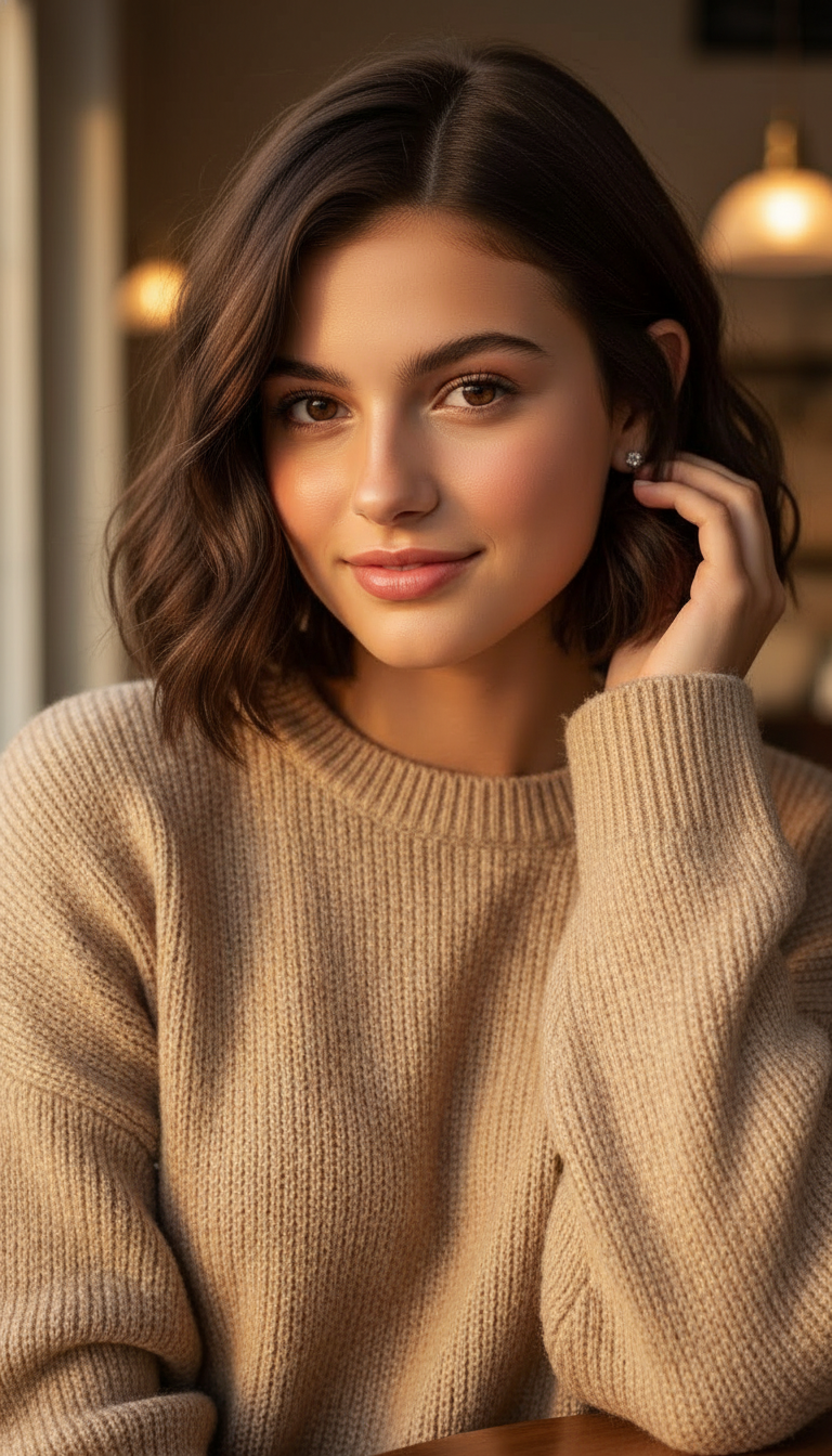 Modell mit natürlichem, welligem braunem Haar, zu einem weichen Bob geschnitten, trägt einen entspannten cremefarbenen Strickpullover, schiebt sich sanft die Haare hinter das Ohr, in einem gemütlichen, sonnendurchfluteten Café, warmes, diffuses Licht.