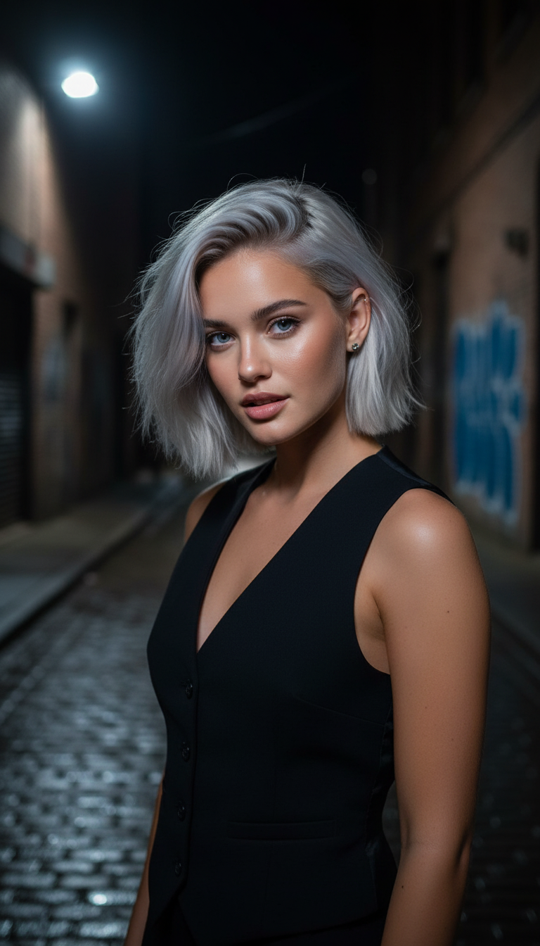 Modell mit einem auffälligen platinblonden Undercut, trägt eine maßgeschneiderte schwarze Weste, blickt mit einem wilden Ausdruck direkt in die Kamera, in einer dramatischen, schwach beleuchteten städtischen Gasse, starker Scheinwerfereffekt.