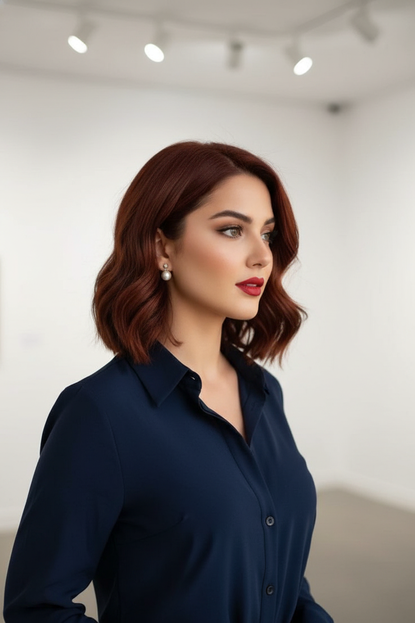 Modell mit einem auffälligen auburnfarbenen asymmetrischen Lob, trägt eine schicke marineblaue Bluse, posiert mit einem selbstbewussten Seitenblick, vor einer modernen Kunstgaleriewand, klare, Galerielicht.