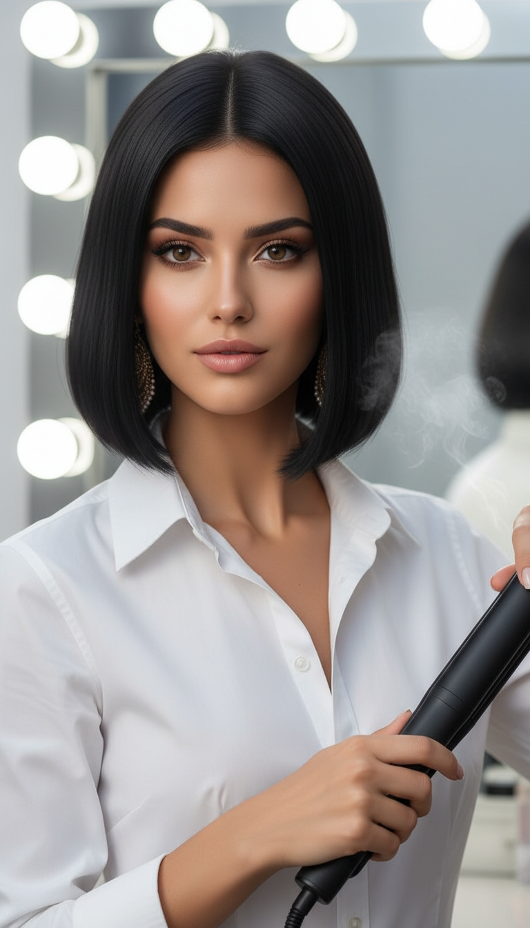 Modell mit einem glänzenden, tiefschwarzen Blunt Bob, trägt ein crisp weißes Hemd, hält geschickt einen Glätteisen in der Nähe ihres Haares, in einem schicken Toilettenbereich, helles, fokussiertes Licht.