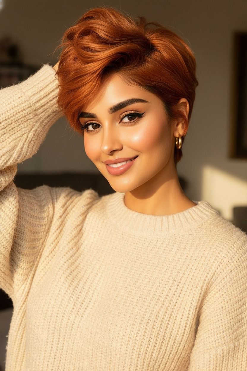 Modell mit einem lebhaften kupferfarbenen, voluminösen Pixie, trägt einen entspannten Strickpullover, spielt mit den Haaren, in einem gemütlichen, sonnenbeschienenen Wohnzimmer, warmes natürliches Licht.