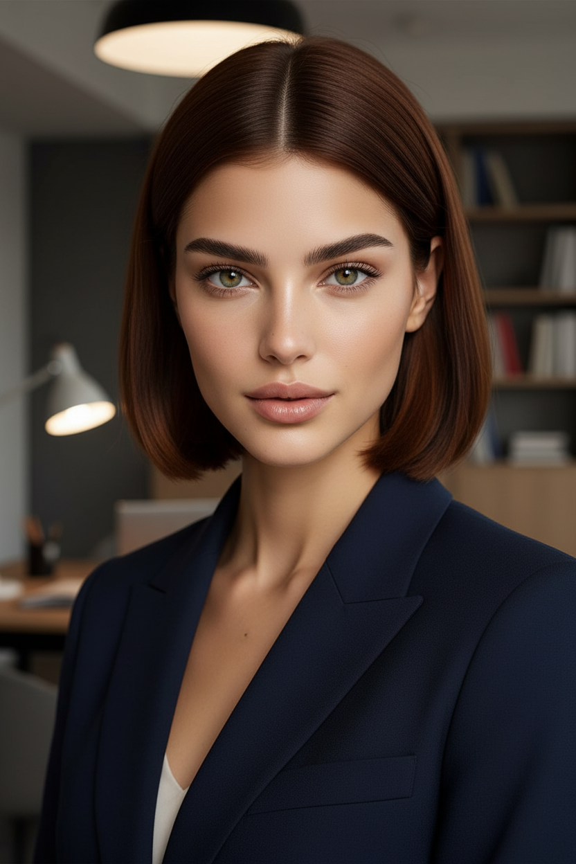 Modell mit einem polierten kastanienbraunen klassischen Bob, trägt einen maßgeschneiderten Business-Blazer, strahlt Selbstvertrauen in einer anspruchsvollen Büroumgebung aus, professionelle Deckenbeleuchtung.
