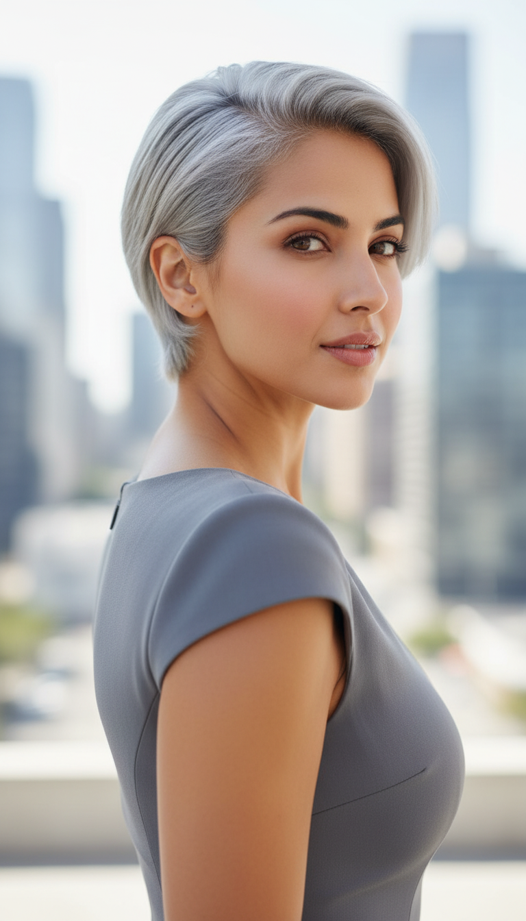 Modell mit einem schicken silbernen modernen Crop, trägt ein maßgeschneidertes graues minimalistisches Oberteil, blickt mit einem subtilen Lächeln selbstbewusst über die Schulter, vor einem eleganten urbanen Hintergrund, helles, diffuses Tageslicht.