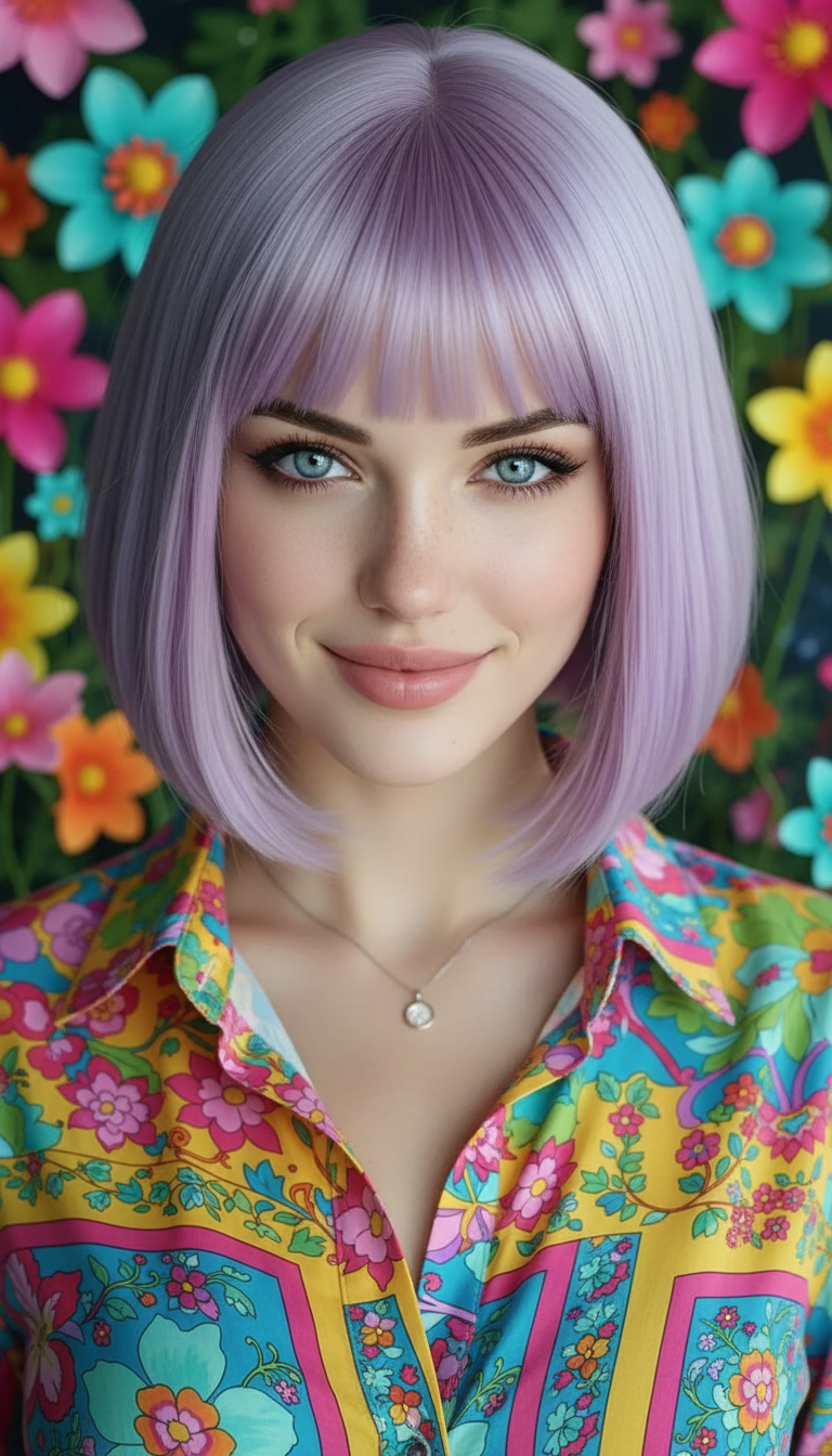 Modell mit einem auffälligen lavendelfarbenen Pastell-Blunt-Bob, trägt eine leuchtende frühlingsfarbene Bluse, blickt spielerisch in die Kamera, vor einem skurrilen Blumenhintergrund, helles, künstlerisches Licht.