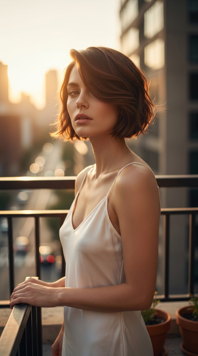 一位留着浓郁巧克力棕色精灵短发的女士，发型带有柔和的、修饰脸型的波浪，身穿中性色调的轻盈丝绸吊带衫。她以略微仰视的特写镜头捕捉，背景是金色时段的极简都市阳台。