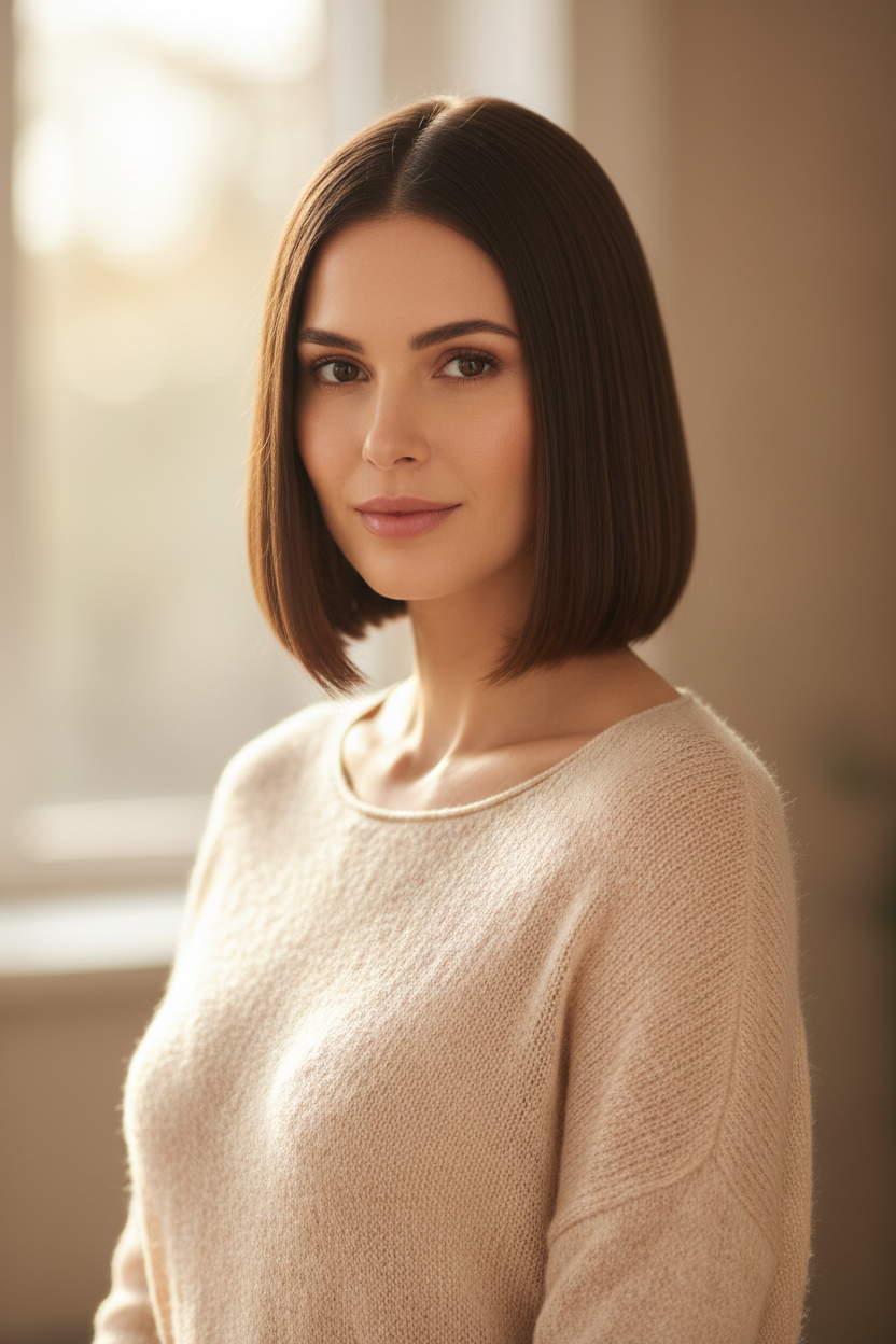 Upper body closeup of a model looking straight ahead confidently, wearing a beige lightweight knit sweater in soft morning sunlight. Her rich mocha brown hair is styled in a precise sleek Long Bob (Lob) hitting just below the collarbone, demonstrating clean lines that elongate the face.