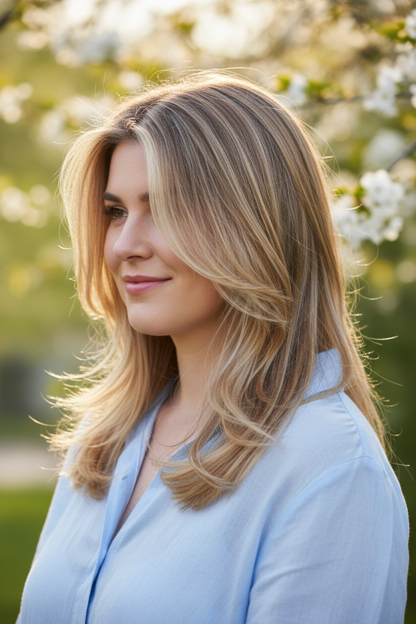 Upper body closeup of a model turned slightly to the left with a soft smile, wearing a pastel blue lightweight linen blouse in gentle afternoon spring light. Her hair features a golden balayage with strategic long layers starting at the jawline, showing soft texture and movement that creates a contouring effect around a round face.