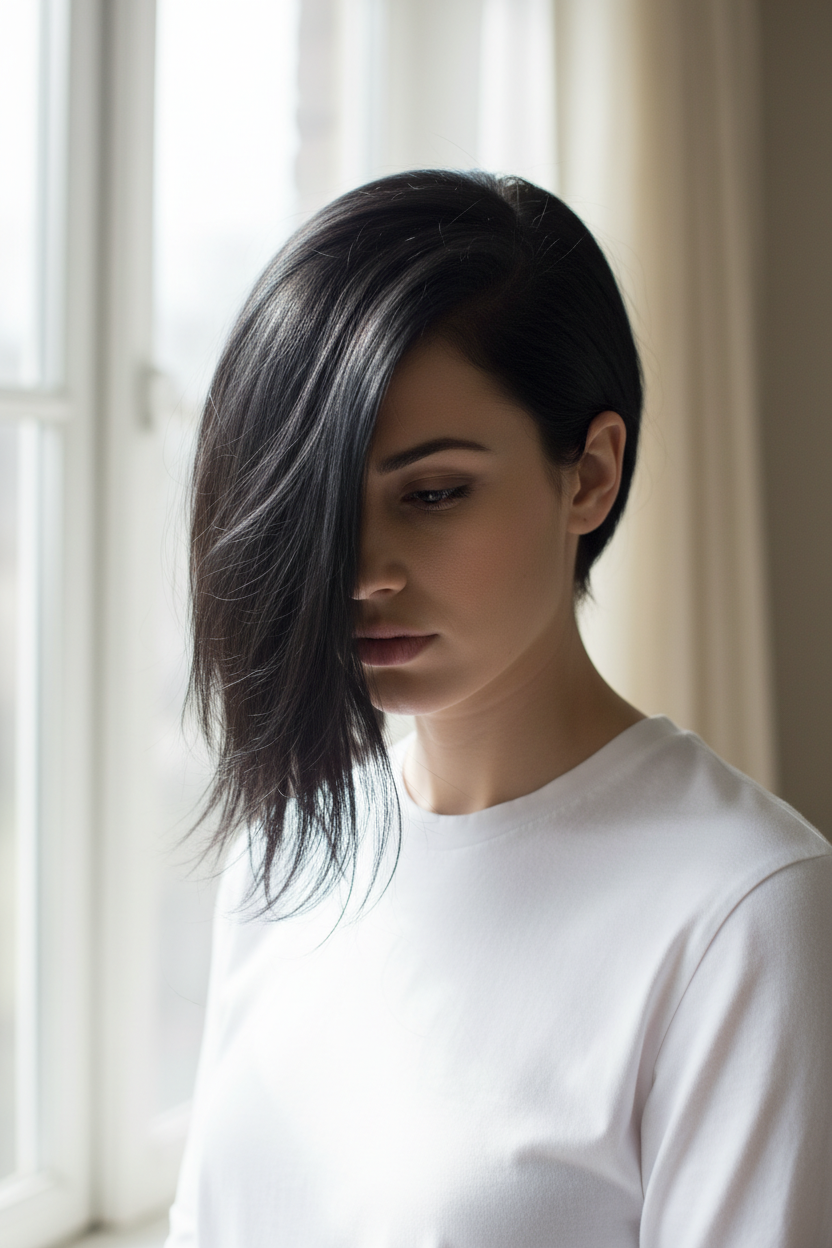 Upper body closeup of a model looking down thoughtfully, wearing a crisp white cotton shirt in bright indoor light near a window. Her glossy jet black hair is styled with an extreme deep side part, sweeping hair across one side of the face to create vertical height and break facial symmetry for a slimming effect.