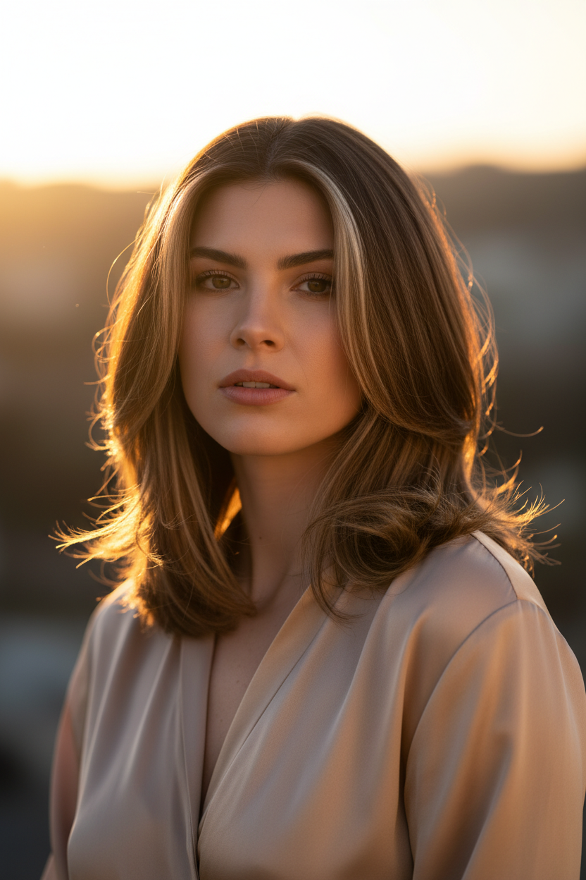 Upper body closeup of a model with chin slightly up looking towards the camera, wearing a cream silk top in sunset golden hour light. Her dark brunette hair is a tailored layered cut with bright, creamy blonde money piece highlights framing the face to draw the eye downward, visually narrowing the round cheek area.