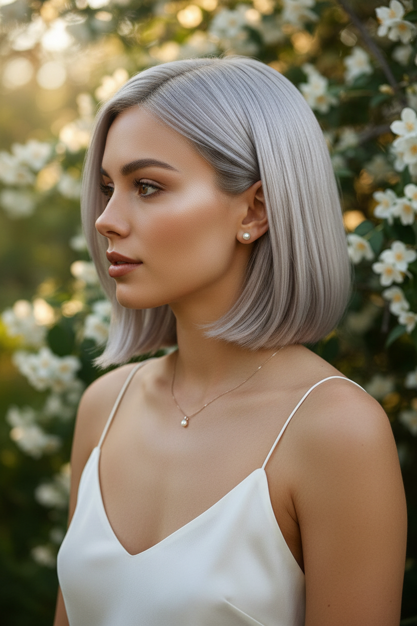 Nahaufnahme eines kinnlangen Bobs im „Liquid Pearl“-Ton. Das Haar hat ein hochglänzendes, perlmuttartiges Finish. Sie trägt ein weißes Seiden-Camisole. Helles, sanftes Morgenlicht fällt durch einen Hintergrund aus weißen Jasminblüten. Das Model blickt nachdenklich im Profil von sich weg.