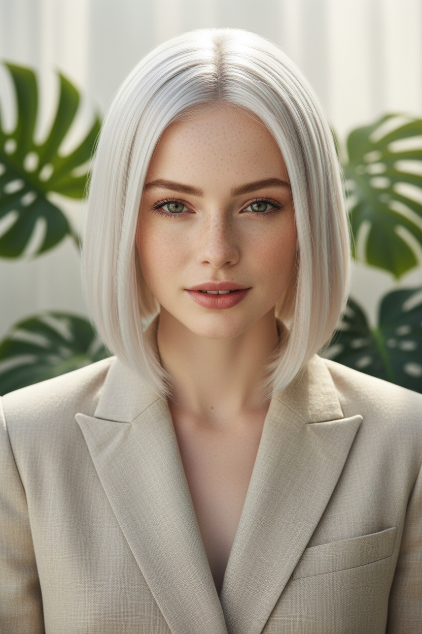Nahaufnahme eines schulterlangen Lobs in „Iced Platinum“, perfekt gerade mit glasartigem Finish. Das Model trägt einen strukturierten, beigefarbenen Leinenblazer. Sanftes, diffuses Sonnenlicht mit grünen Monstera-Blättern im verschwommenen Hintergrund. Das Model blickt mit einem selbstbewussten, scharfen Blick direkt in die Kamera.