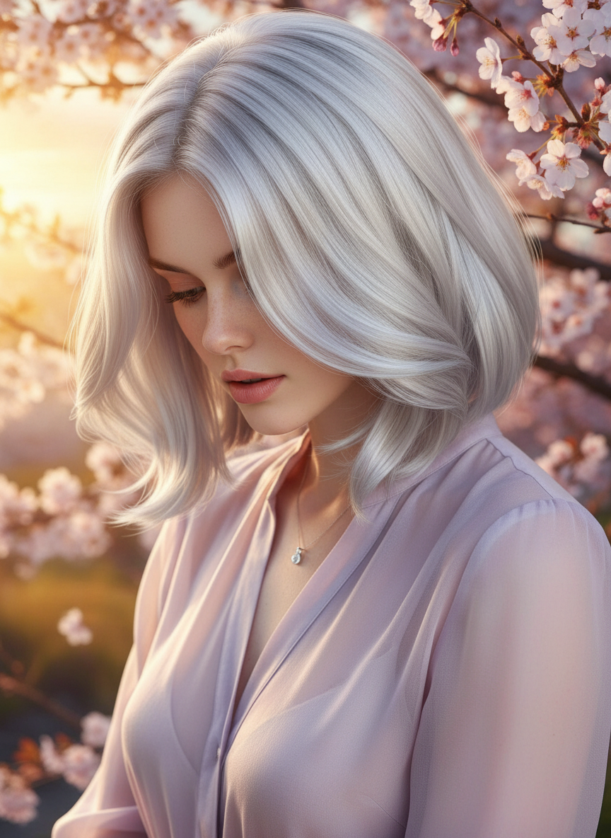 Nahaufnahme eines „Satin Silver“-Lobs mit weichen, fließenden Wellen. Das Model trägt eine lavendelfarbene Organza-Bluse. Verträumtes, warmes Licht der goldenen Stunde mit einem Hintergrund aus Kirschblüten. Das Model blickt anmutig nach unten und zeigt die Bewegung des Haares.