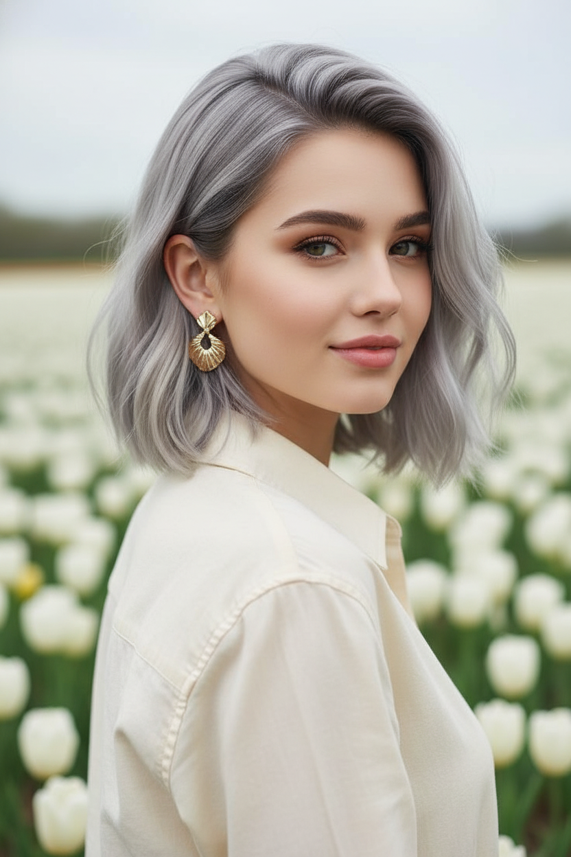 Nahaufnahme eines kinnlangen Bobs in „Frosted Ash“, bei dem eine Seite hinter das Ohr gesteckt ist, um einen skulpturalen goldenen Ohrring freizulegen. Das Model trägt ein cremefarbenes Baumwoll-Popeline-Hemd. Helles, luftiges Licht mit einem Hintergrund aus blühenden weißen Tulpen. Das Model blickt mit einem leichten Lächeln über die Schulter.