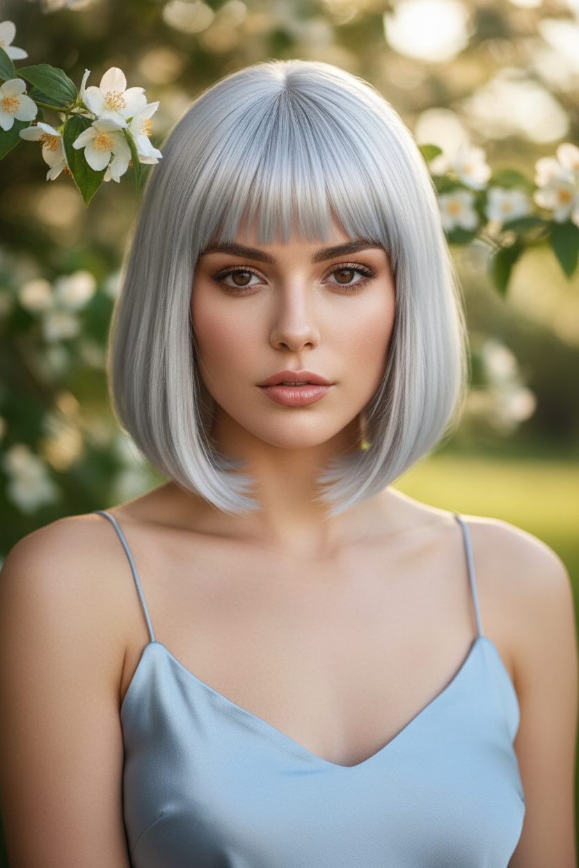 Nahaufnahme eines stumpf geschnittenen Bobs in „Metallic Iced Platinum“. Das Haar glänzt so stark, dass es flüssig erscheint. Das Model trägt ein minimalistisches, hellblaues Seiden-Slipdress. Intensives, aber sanftes Frühlingslicht mit Anklängen von wildem Jasmin. Das Model blickt mit einem kühnen, modischen Blick direkt in die Kamera.