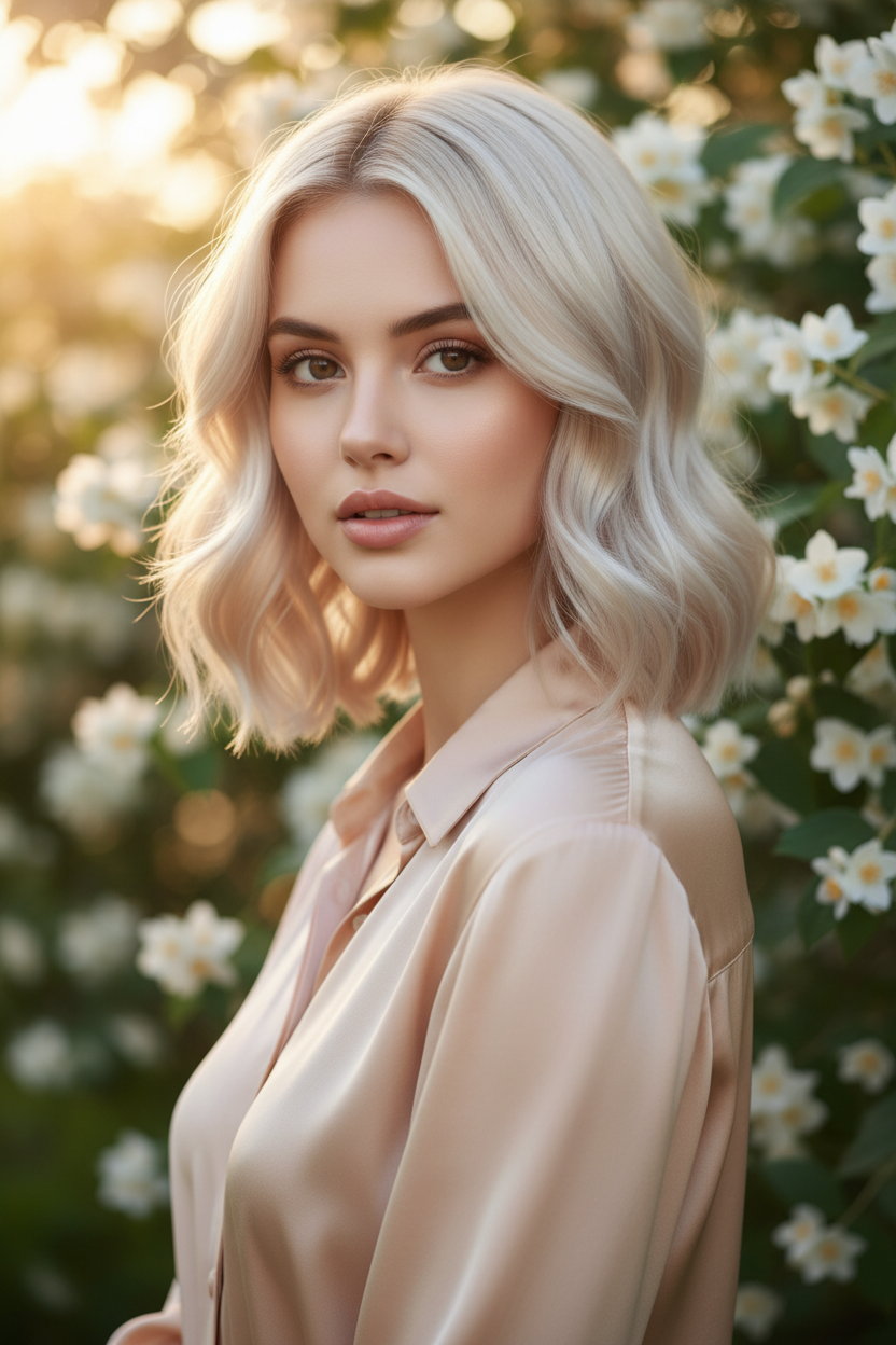 Nahaufnahme eines weich gewellten Bobs in „Iced Vanilla“ (ein Hauch von Creme im Platin). Das Model trägt ein blasspfirsichfarbenes Seiden-Satin-Oberteil. Sanftes Licht der goldenen Stunde mit einem üppigen Hintergrund aus blühendem Jasmin. Das Model blickt anmutig und gelassen.
