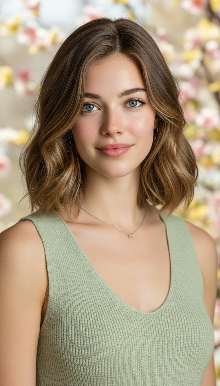 Close-up of a model's **Rich Chocolate** Lob, styled with loose, effortless waves. She wears a **pale sage-green knitted tank top**. **Soft afternoon sunlight** with blurred spring flowers in the background. Model looking directly at the camera with a relaxed gaze.