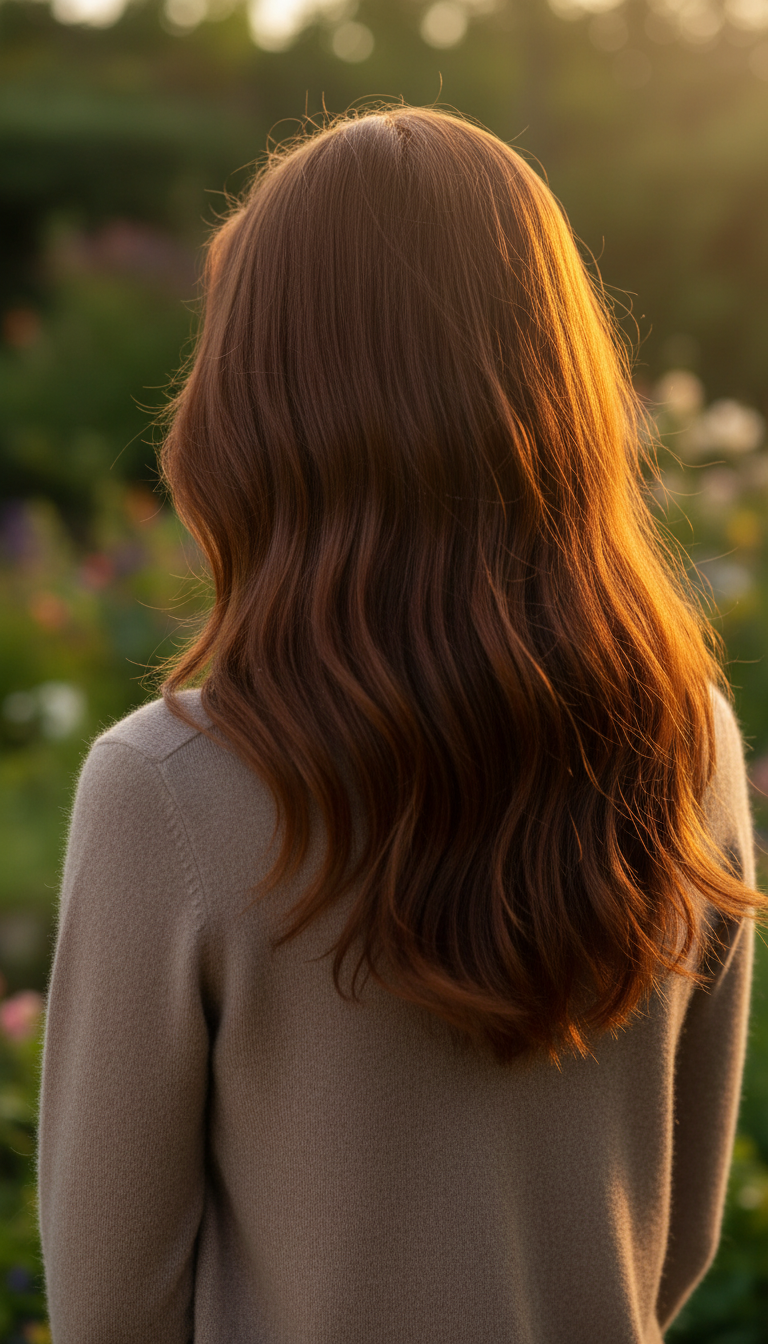 Back view of a model's **Rich Chocolate** hair flowing over the shoulder of a **taupe cashmere sweater**. **Golden hour light** highlighting the hair's multidimensional reflections. Blurred garden background.