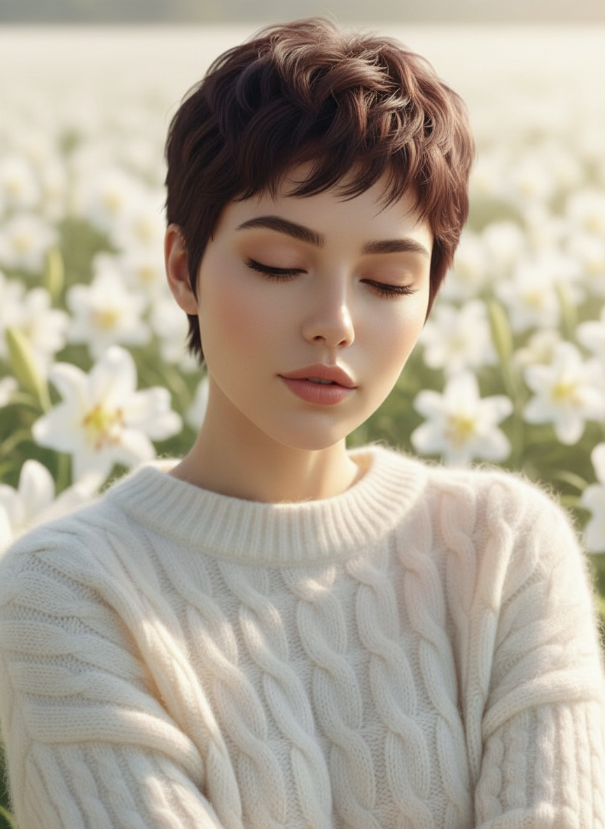 Close-up of a textured **Rich Chocolate** Pixie cut. Model wearing an **oversized white cable-knit jumper**. **Bright morning sun** creating a halo effect. Background of white lilies. Model's eyes slightly closed.