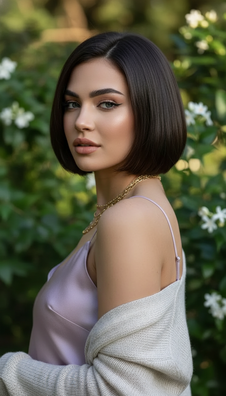 Model wearing a **lavender silk camisole** under a **lightweight knit cardigan**. Her **Rich Chocolate** Bob has a mirror-like shine. **Soft afternoon light** with a hint of wild jasmine. Model looking over her shoulder.