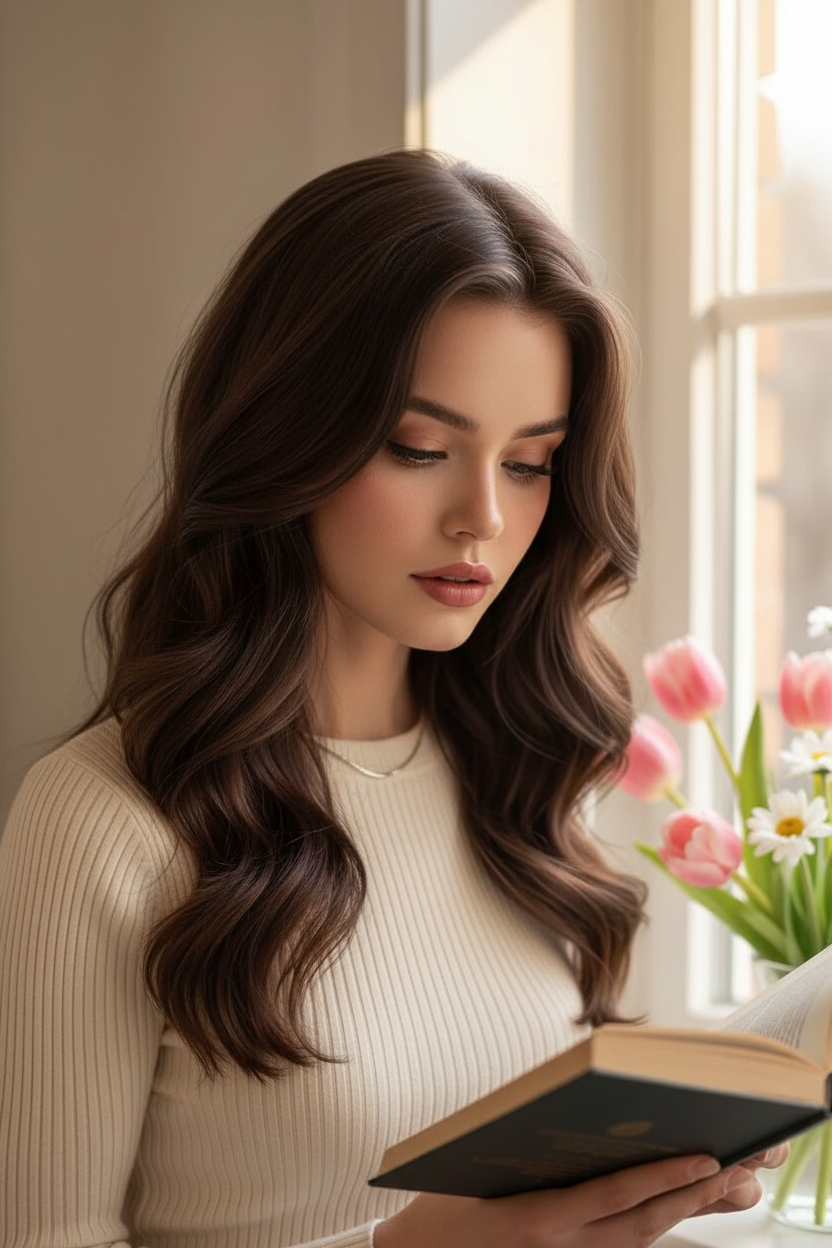 Intimate shot of a model in a sunlit corner, wearing a **cream ribbed knit top**. Her **Rich Chocolate** hair is soft and voluminous. **Warm, soft focus light** with spring flowers nearby. Model looking down at a book.