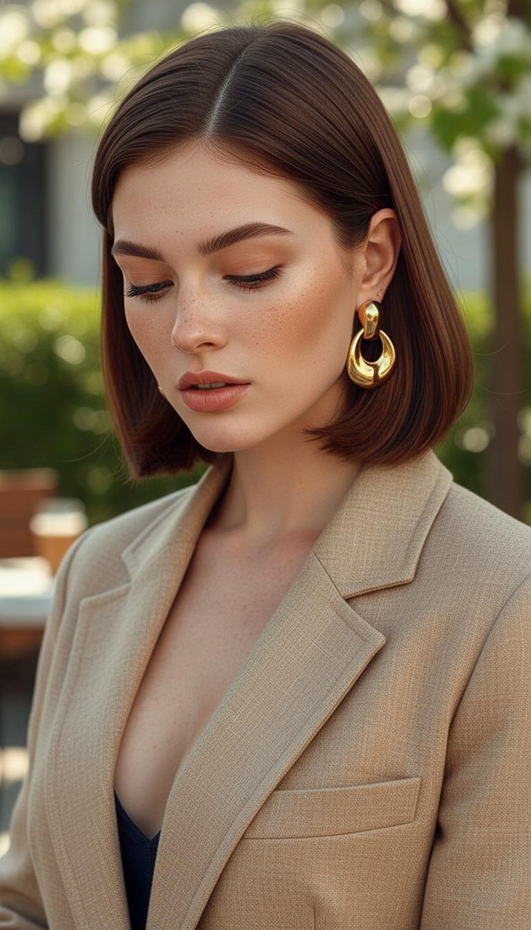 Model wearing a **structured beige knit blazer**. Her **Rich Chocolate** hair is tucked behind one ear, revealing **sculptural gold earrings**. **Bright, airy spring atmosphere**. Model looking down gracefully.