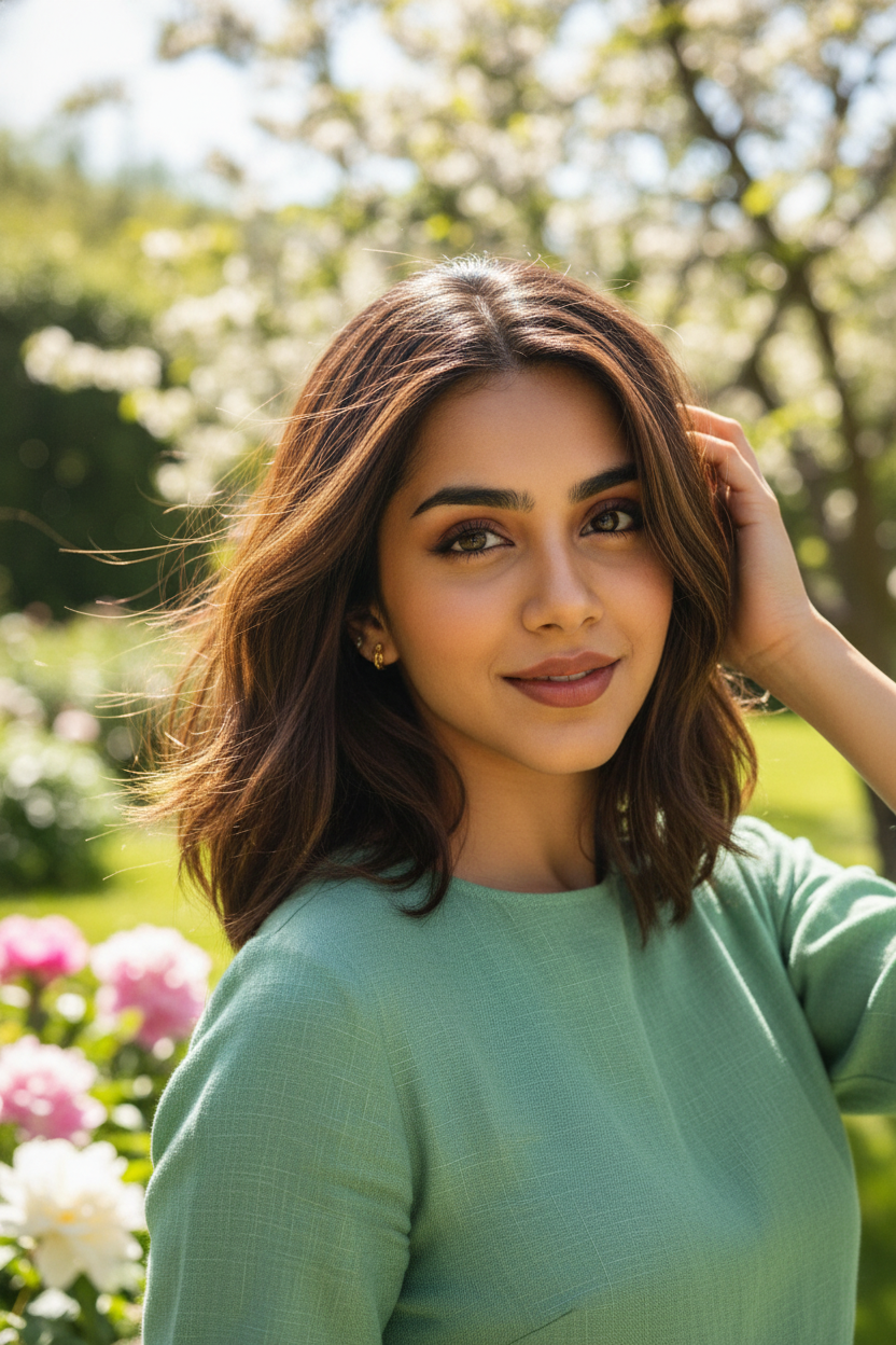 Model standing in a spring garden, hair blowing gently in the wind. She wears a **pistachio-green linen-knit blend**. **Bright, airy spring light** with lush greenery. Model laughing softly.