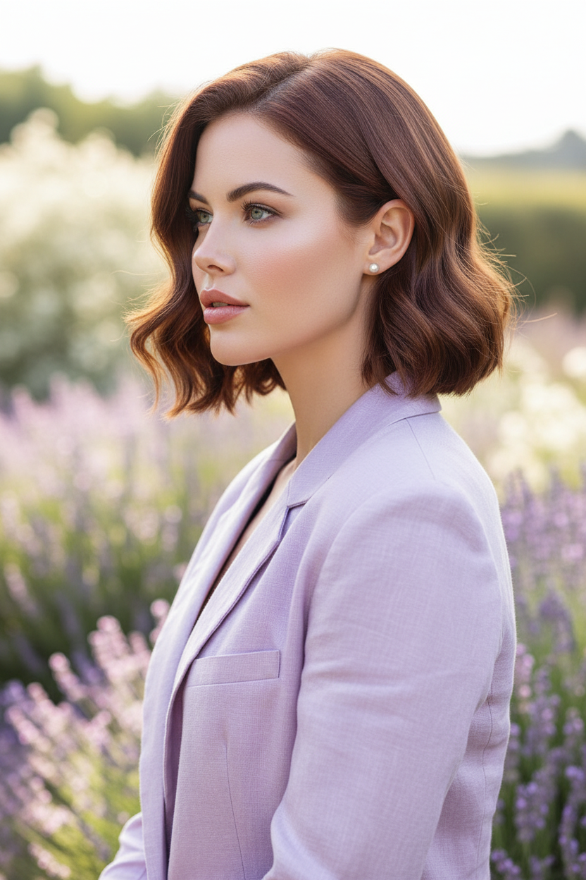 模特留着栗棕色波波头， styled in loose, romantic waves, wearing a pastel lilac linen blazer. Bright, soft garden light with blurred lavender bushes in the background. Three-quarter profile view of the model.
