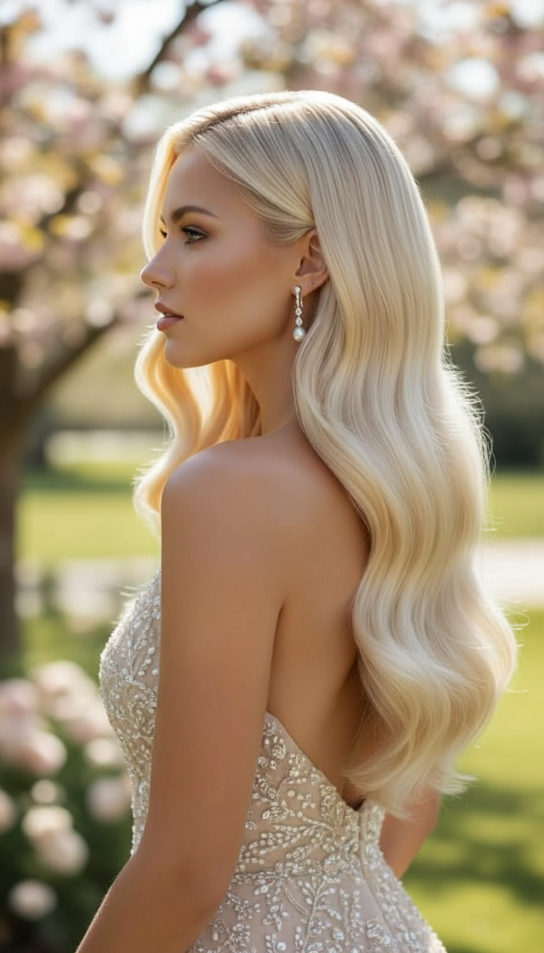 3/4 shot of a model with honey blonde Hollywood waves. The hair is the brightest focal point, glowing under soft spring light. Wearing a champagne beaded gala gown. Model looking away with a regal profile.