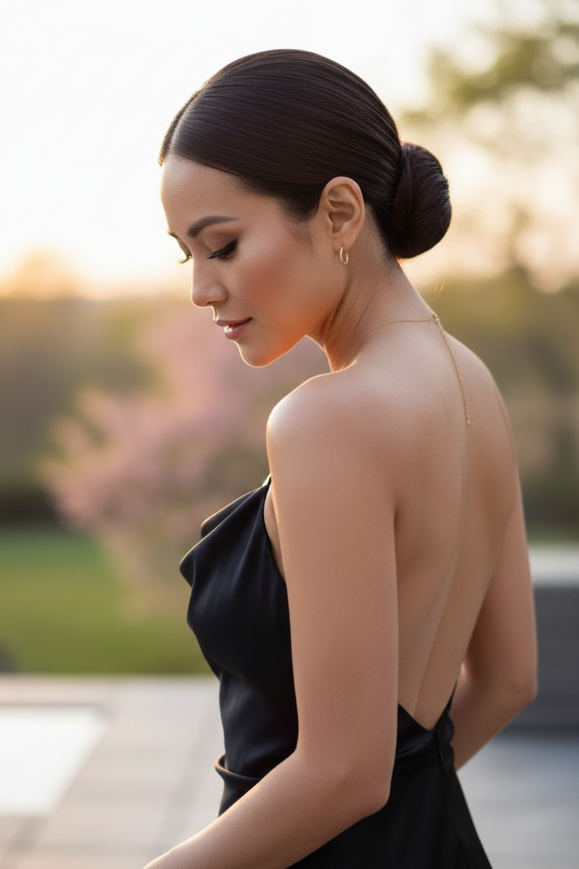 Side-profile 3/4 shot of a model with a dark chocolate sleek low bun. Focus on the sharp, clean part line and hair texture. Wearing a backless black silk evening dress. Bright spring twilight. Model perspective: looking down gracefully.
