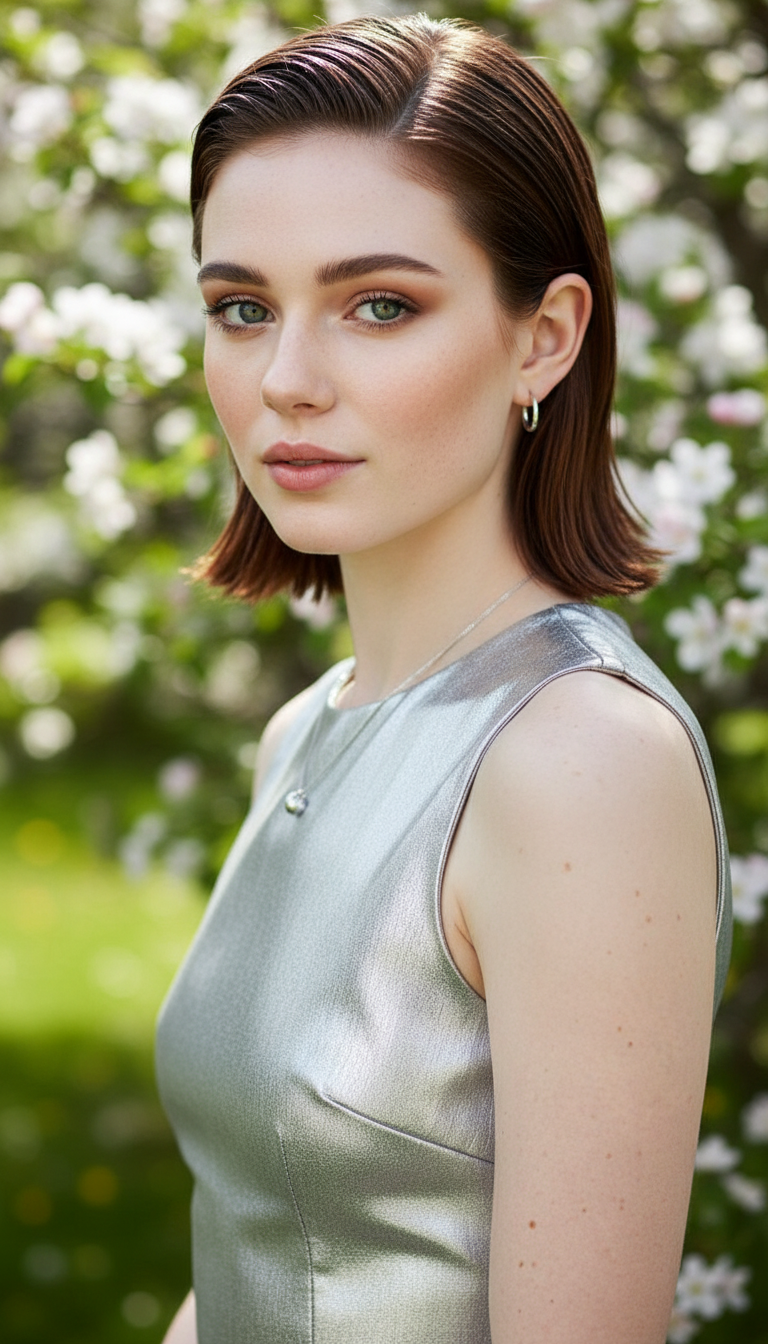 3/4 shot of a model with a wet-look espresso bob. Hair is incredibly glossy and sculptural under bright spring daylight. Wearing a metallic silver structured top. Model looking directly at the camera with a piercing gaze.