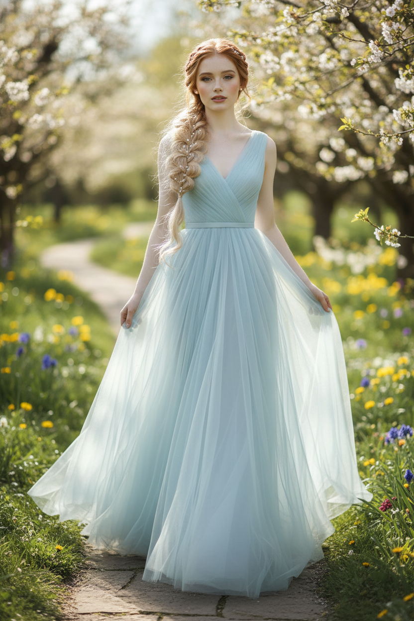 Full-body shot of a model with a long, loose boho braid in pearl blonde, adorned with tiny pearls. Hair is soft and luminous. Wearing a pale blue tulle gown. Soft spring afternoon light. Model walking in a garden.