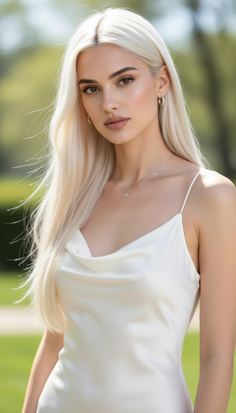 3/4 shot of a model with waist-length liquid silk straight hair in iced platinum. Hair is the brightest, most reflective element. Wearing a minimalist white silk slip dress. Bright, clear spring light.