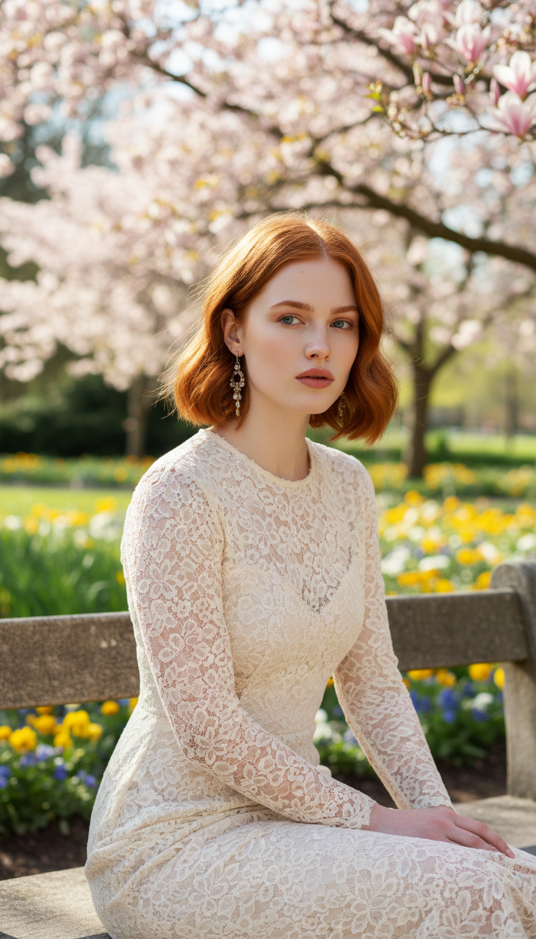 Full-body shot of a model with a textured French Bob in warm copper. Hair is light and airy under spring sunlight. Wearing a vintage-inspired lace dress. Model sitting on a stone bench in a blooming park.