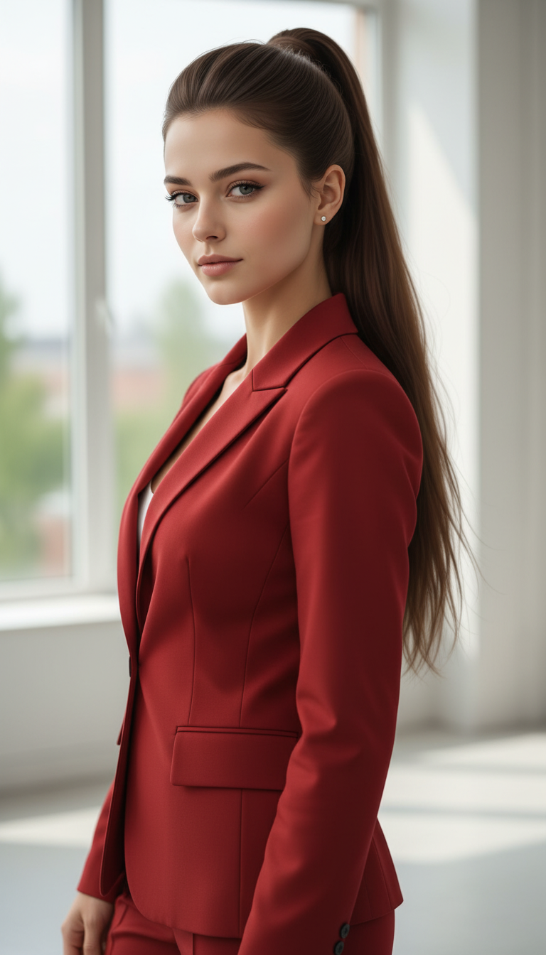 3/4 shot of a model with a high, sleek ponytail in chocolate brown. Focus on the polished root lift and the long, flowing tail. Wearing a structured red power suit. Bright spring indoor lighting.