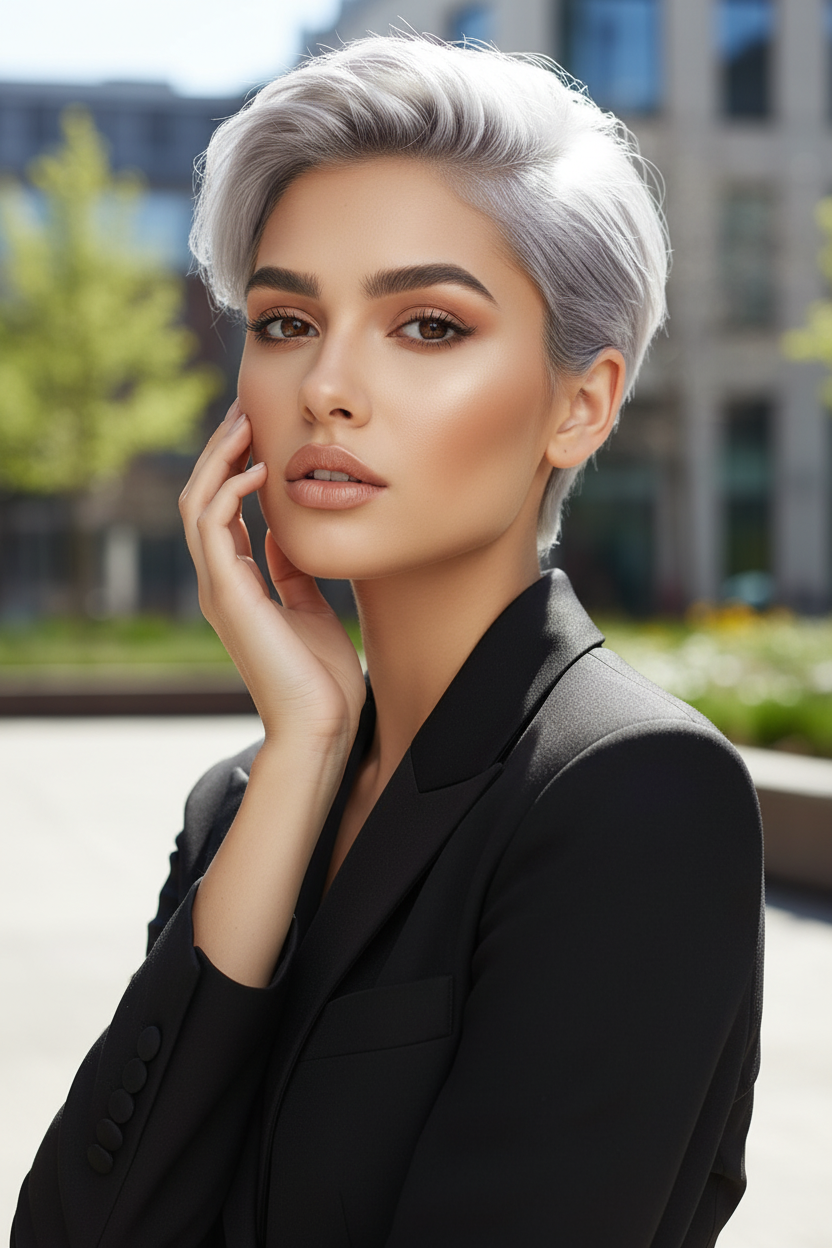 3/4 shot of a model with a sharp, sculptural pixie cut in silver grey. Hair is extremely bright and defined under clear spring sun. Wearing a minimalist black tux jacket. Model looking directly at camera.
