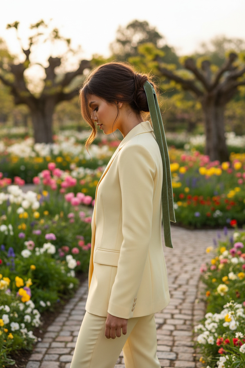 Full-body shot of a brunette woman walking through a blooming garden, wearing a pastel yellow pantsuit. Focus on her low messy bun secured with a thin sage green velvet ribbon. Soft morning light illuminating her rich brown hair, model looking slightly downward.