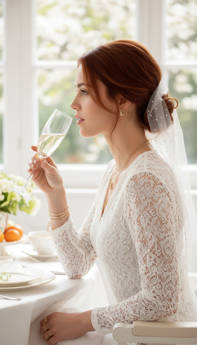 Half-body profile view of a woman with auburn hair sitting at a brunch table holding a champagne glass. Her effortless low bun is wrapped in a sheer organza ribbon dotted with tiny pearls. She wears a white lace blouse under bright, airy spring lighting.