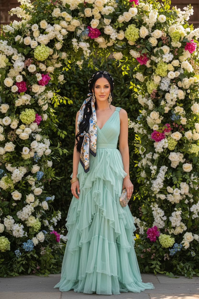 Full-body shot of a woman with jet-black hair standing by a floral arch, wearing a tiered mint green maxi dress. A vintage floral silk scarf is intertwined into her braided low bun. Warm, diffused sunlight highlights the shine of her hair and the silk.