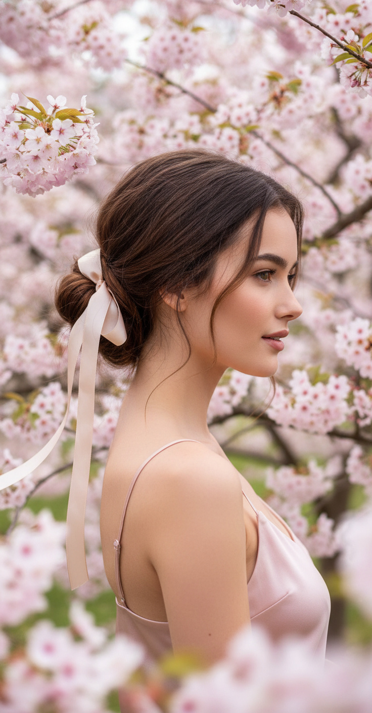 Half-body shot of a woman with chestnut hair glancing sideways against a background of cherry blossoms. She wears a blush silk camisole. A delicate champagne satin ribbon ties her loose low bun, with long ribbon tails catching the spring breeze. Bright, soft lighting framing her head.