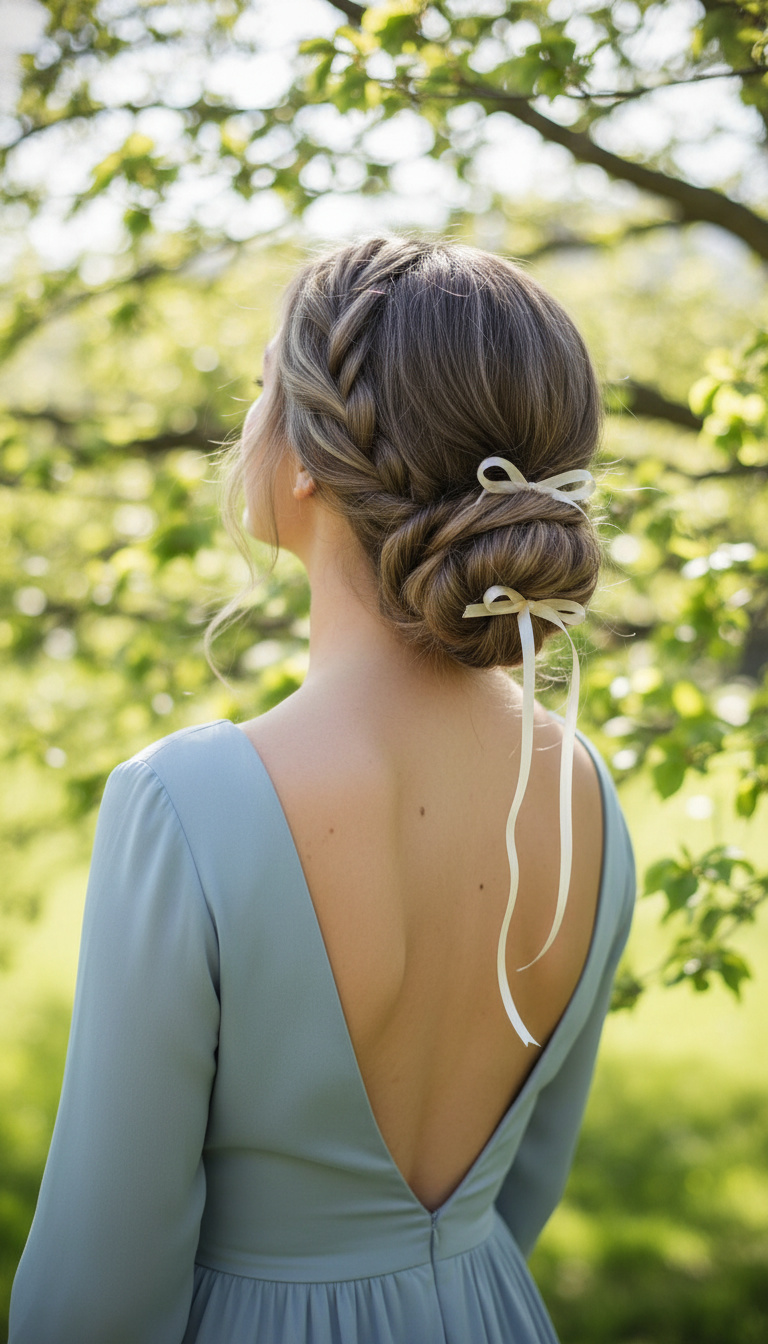 Half-body close-up from the back of a woman with ash brown hair, looking up at spring foliage. She wears a backless pastel blue dress. Her textured low bun is accented with two thin ivory satin ribbons tied into delicate mini bows. Luminous, airy lighting highlighting the intricate hairstyle.