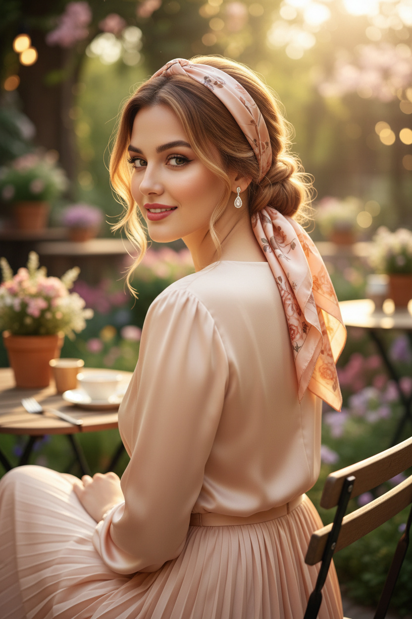 Half-body shot of a woman with golden caramel hair sitting at a garden cafe setting, smiling over her shoulder. A silk scarf acts as a headband and ties down into her effortless low bun. She wears an elegant pleated peach dress in soft, glowing spring daylight.